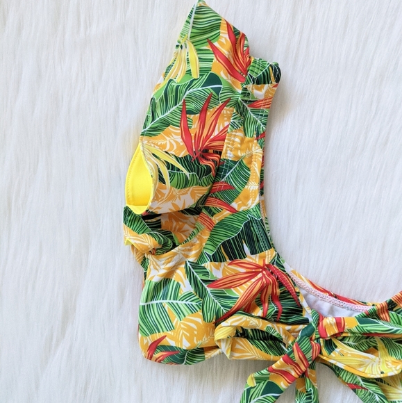 Yellow Tropical print tie front ruffle bikini top - Picture 2 of 7